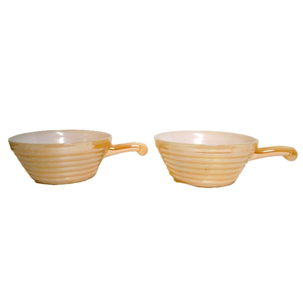 Fire King Peach Luster Ovenware Ribbed Handled Soup Bowls Set of 2 Vintage 1970s
